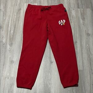 GAP x Disney Men’s Bold Red Joggers with Mickey Mouse Logo Drawstring Waist